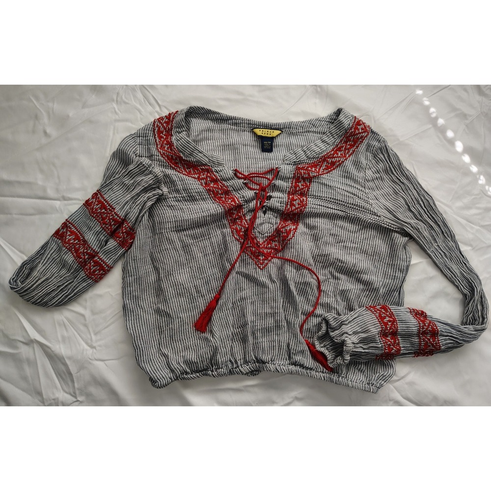 Prince & Fox Womens XS Striped Embroidered Lace Up Boho Peasant Blouse Blue Red